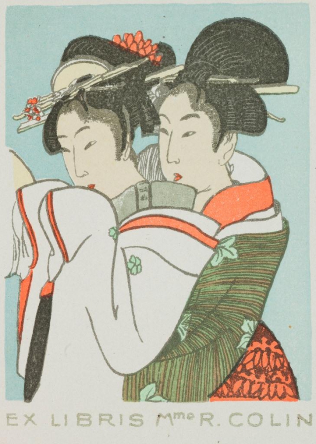 Otakar Vaňáč, Exlibris Campbell R. Colin – Japonská dvojice na motivy Kitagawy Utamara, 1926, barevná litografie, 8,9 x 6,3 cm, foto © Národní galerie v Praze